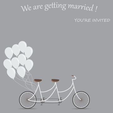 invitation card for the wedding. tandem bike for two. Balloons as decoration