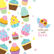 Funny  Card With Cupcakes And Owl In Retro Style.