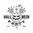 Halloween party invitation with flying pumpkin - line art vector illustration