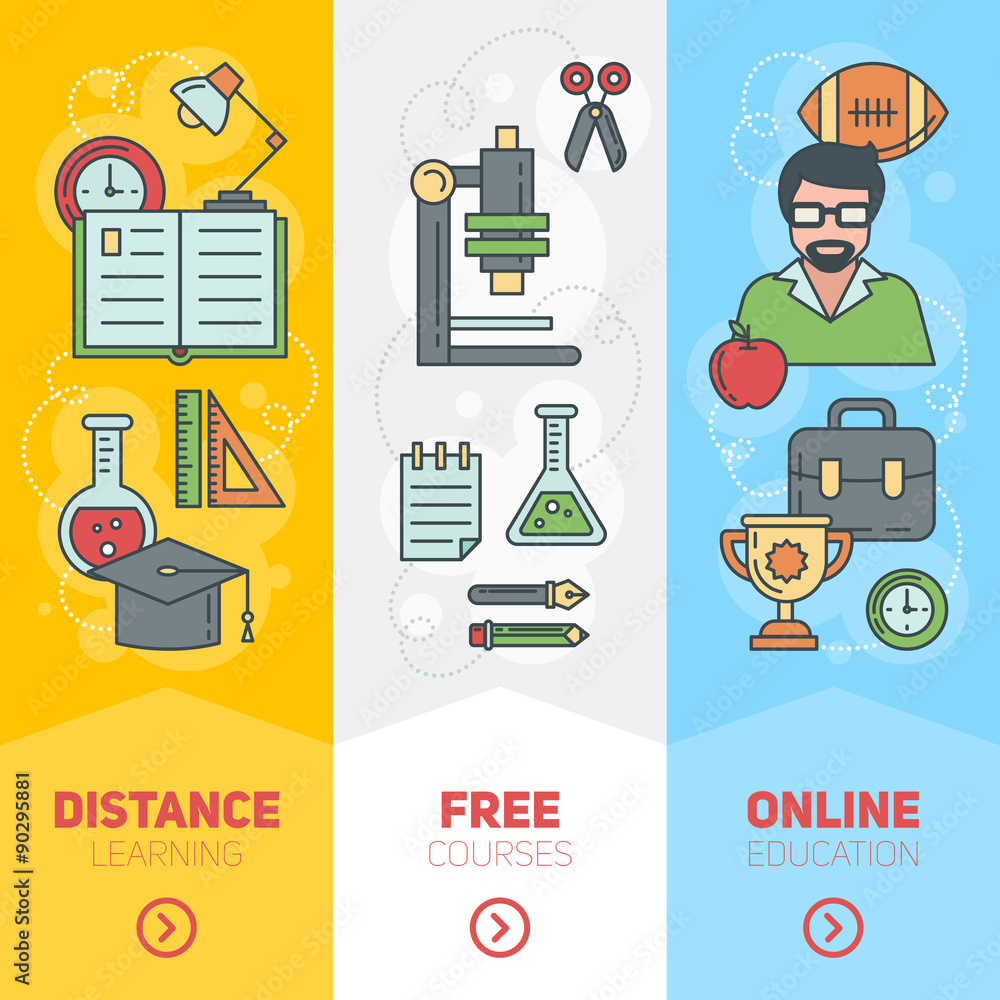 School banners templates with thin lined education elements - globe ...
