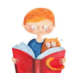 Boy with cat and book. Watercolor and gouache Illustration