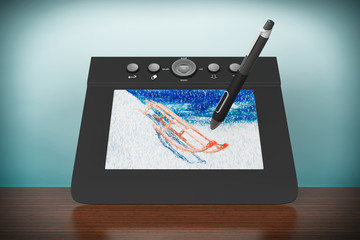 Poster - Old Style Photo. Digital Graphic Tablet with Pen and Sledges dra