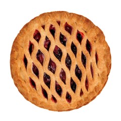 Tasty berry and rhubarb pie overhead view isolated on white