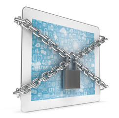 tablet PC with chains and lock isolated on white background