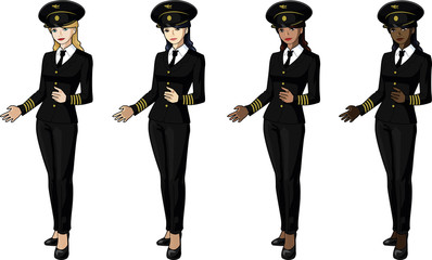 Set of 4 female airplane pilots in suits women of color