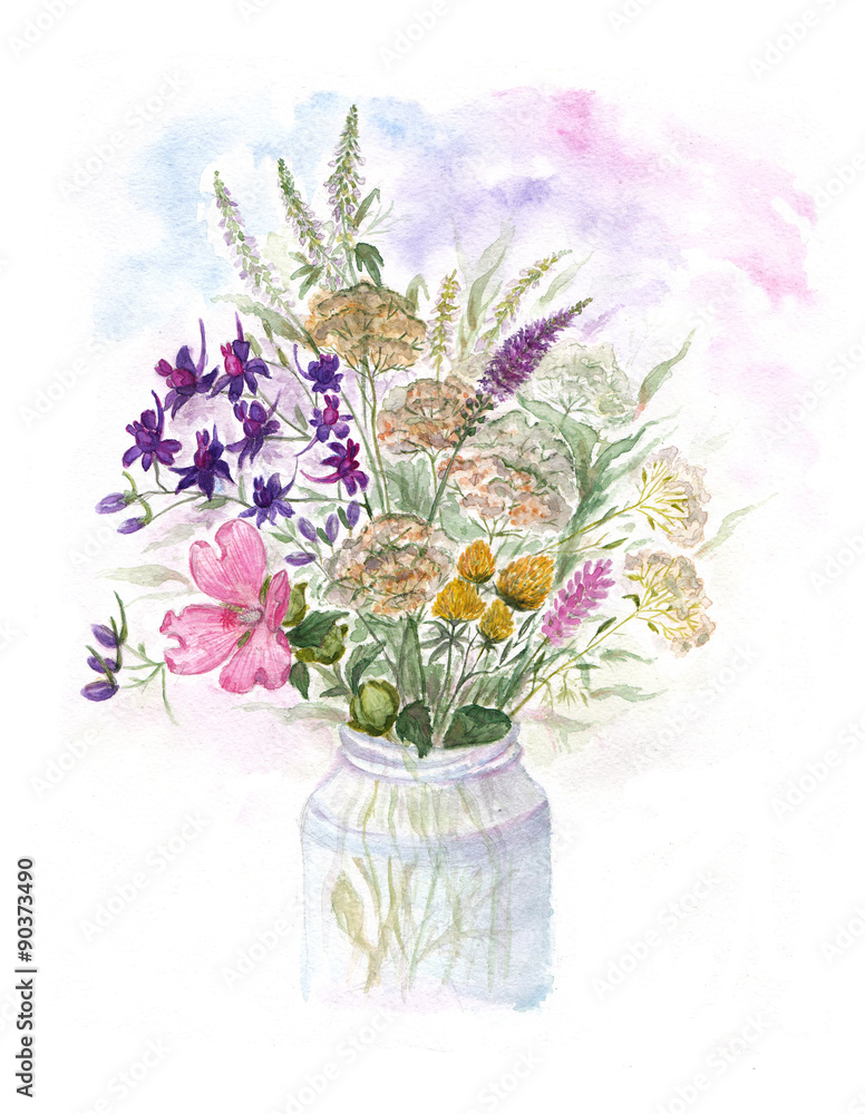 Bouquet of watercolor colorful wildflowers in glass vase Stock Photo ...