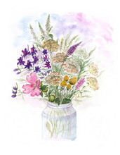 Bouquet Of Watercolor Colorful Wildflowers In Glass Vase 