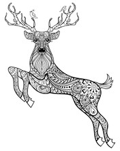 Hand Drawn Magic Horned Deer With Birds For Adult Anti Stress Co