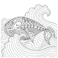 Wall Mural - Hand drawn whale in the waves for antistress Coloring Page with