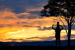 Father and son silhouettes play at sunset mountain