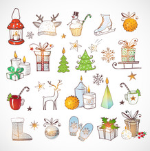 Set Of Hand-drawn Sketchy Christmas Elements