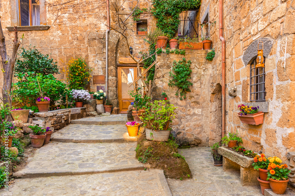 Alley in old town Tuscany Italy - obrazy, fototapety, plakaty 