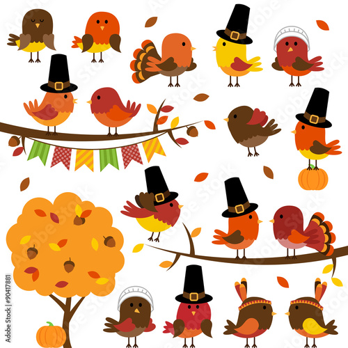 Fényképezés Vector Collection of Cute Thanksgiving and Autumn Birds