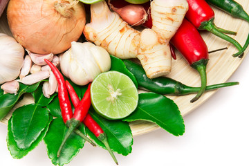 herb and spice ingredients for asian food on white background