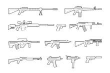 Vector Machine Guns And Pistols Line Icons Set