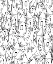 Seamless Pattern With Cartoon Towers, Sketch Towers, Black And White
