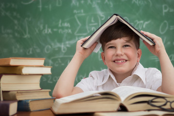Wall Mural - Funny schoolboy holding book over head