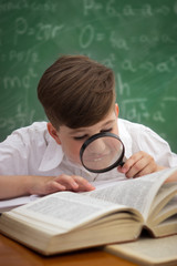 Wall Mural - little student boy reading book with magnifier