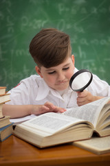 Wall Mural - schoolboy looks through a magnifying glass in book