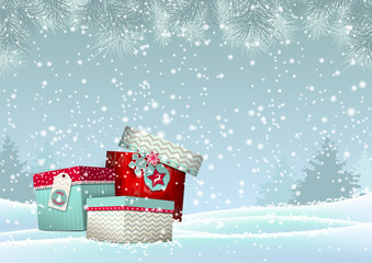 Wall Mural - Christmas background with stack of colorful giftboxes