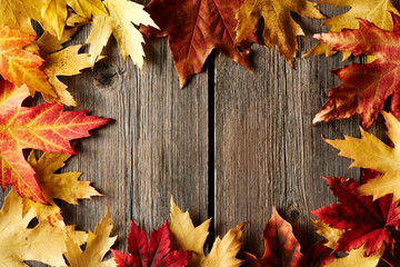 Wall Mural - Autumn maple leaves over wooden background