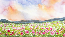 Pink Flower Field Landscape Watercolor Painted