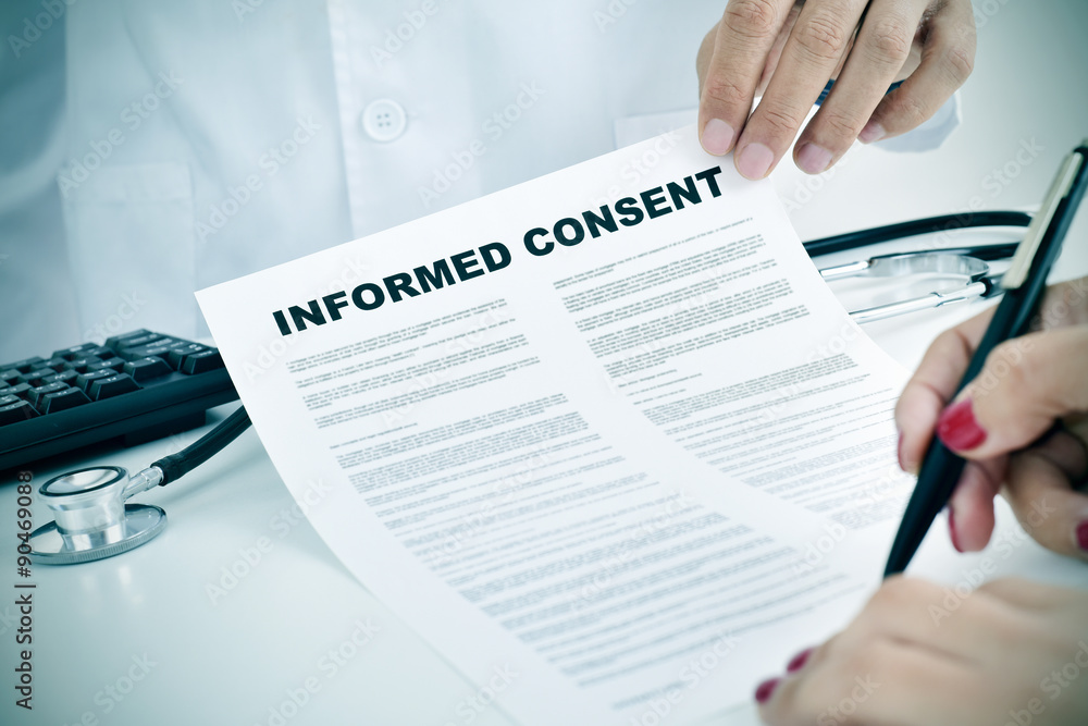 young woman signing an informed consent - obrazy, fototapety, plakaty 