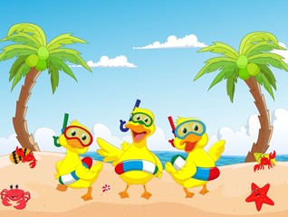 happy three cartoon duck on the beach summer