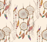 Bohemian dream catcher with beads and feathers, seamless pattern