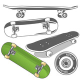 Set of skateboards from different angles + detailed skateboard wheel. Vector illustration