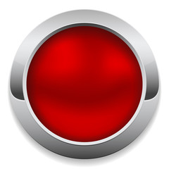 Round red button with metal border on white background