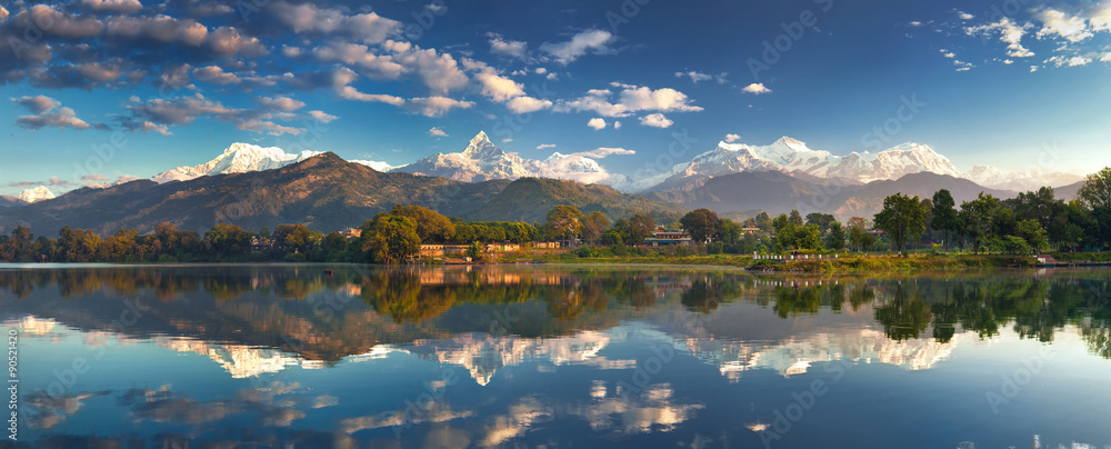 Incredible Himalayas. Panoramic view from the lakeside at the foothills of the magnificent Annapurna mountain range.  - obrazy, fototapety, plakaty 