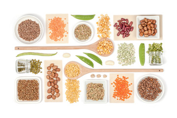 Wall Mural - various legumes on white background top view