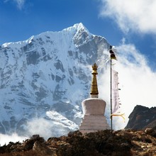 Beautiful Himalayas With Buddhist Stupa And Prayer Flags