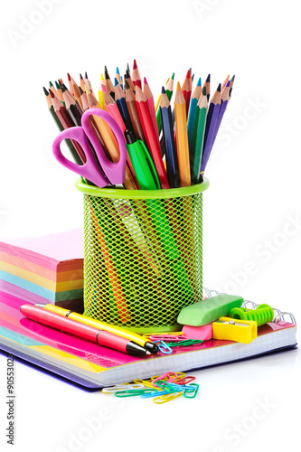 Obraz na plátně Holder basket and office supplies isolated on white background