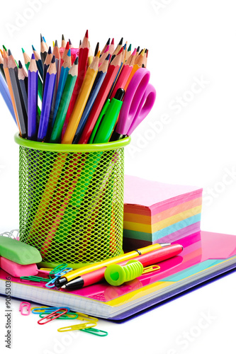 Fotografie, Obraz Holder basket and office supplies isolated on white background