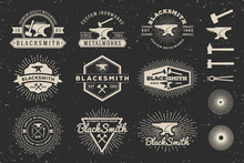 Set Of Modern Vintage Blacksmith And Metalworks Insignia Logotype Template Design With Anvil, Hammer, Star Burst. Vector Illustration