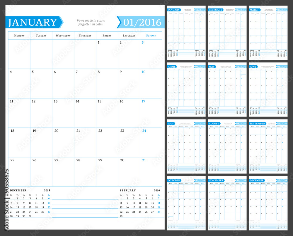 Monthly Calendar Planner for 2016 Year. Vector Design Print Template ...