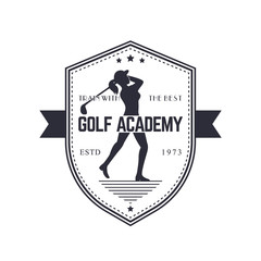 Poster - Golf Academy vintage emblem with female golf player swinging golf club, vector illustration, eps10, easy to edit