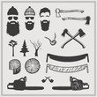 Lumberjack characters with tools and attributes set: chainsaws, saws, axes, stamps and trees. The silhouette vector monochrome design.