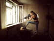  woman sniper and Soldier aiming rifle at window