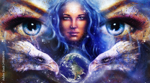 Plakat na zamówienie painting eagles and tiger with woman eyes on space stars.