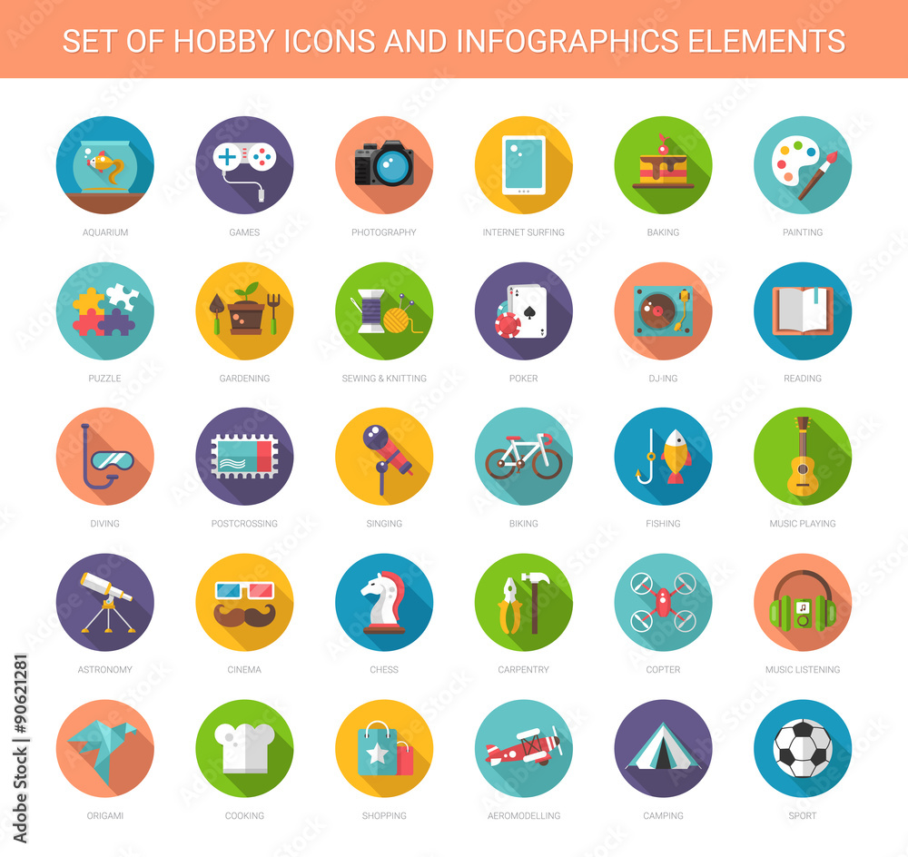 Set of modern flat design hobby icons and infographics elements - obrazy, fototapety, plakaty 