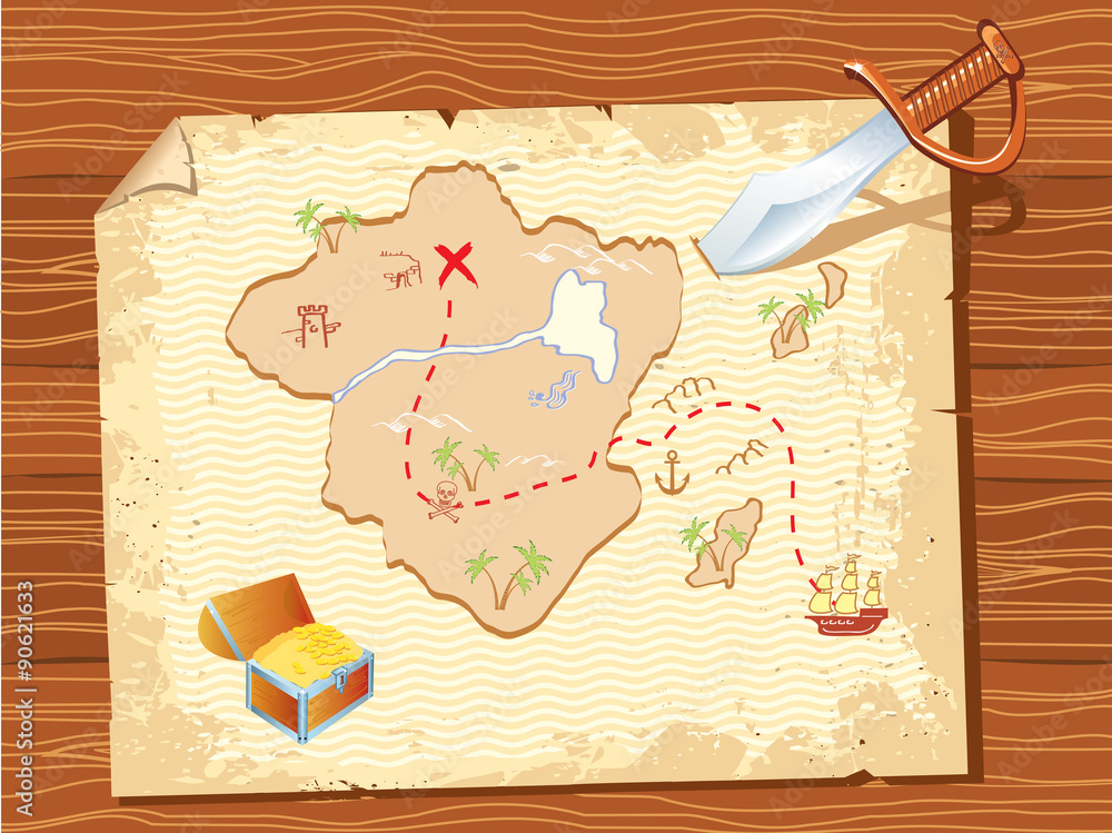 Old parchment with pirate map and dagger- vector illustration. Stock ...