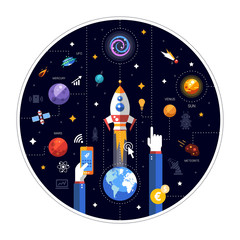 Wall Mural - Flat design illustration of rocket launch with Earth,space icons