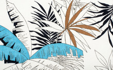 Tropical Leaves Pattern On White Fabric. Black With Blue And Brown Palm Leaves Print As Background.