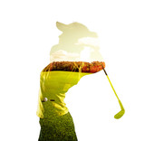 Fototapeta  - Double exposure of young female golf player holding club combined with green field and sky. Golfing concept.  