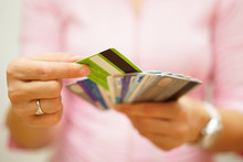 Woman Choose One Credit Card From Many, Concept Of  Credit Card