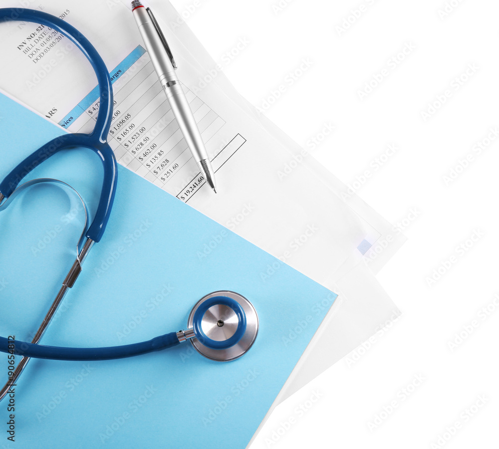 Stethoscope on medical history isolated on white