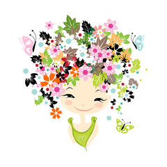 Female portrait with floral hairstyle for your design